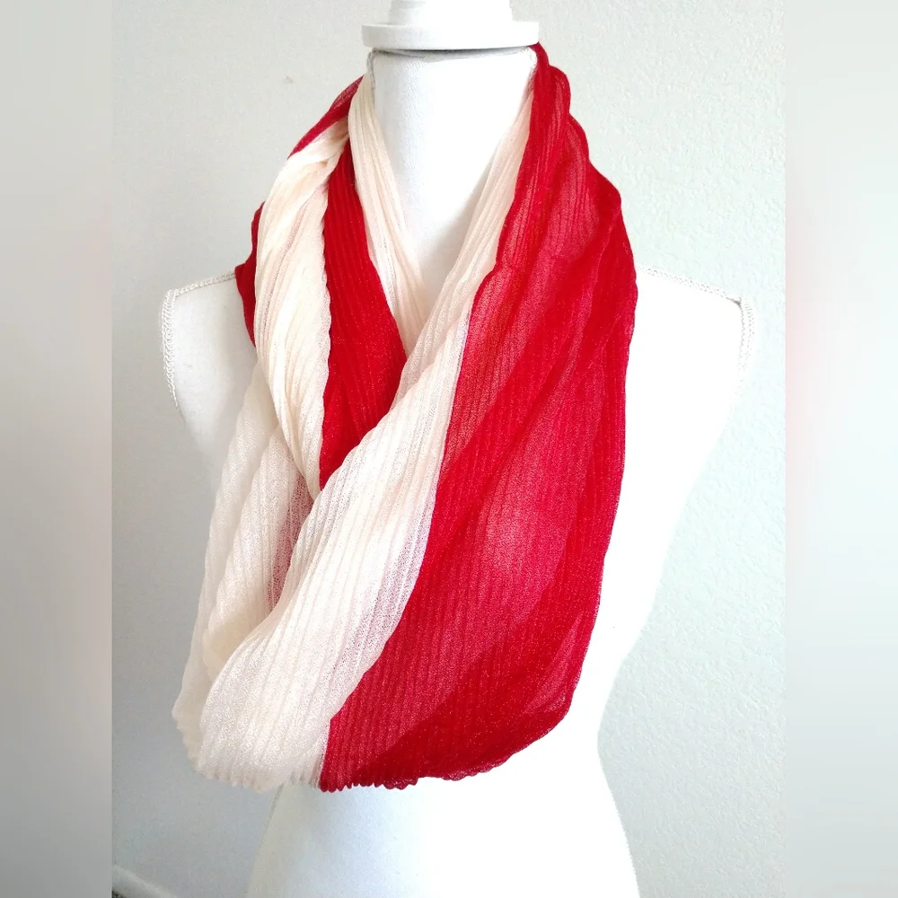 Wide Red White Colorblock Pleated Infinity Scarf Circle Loop Fashion Statement